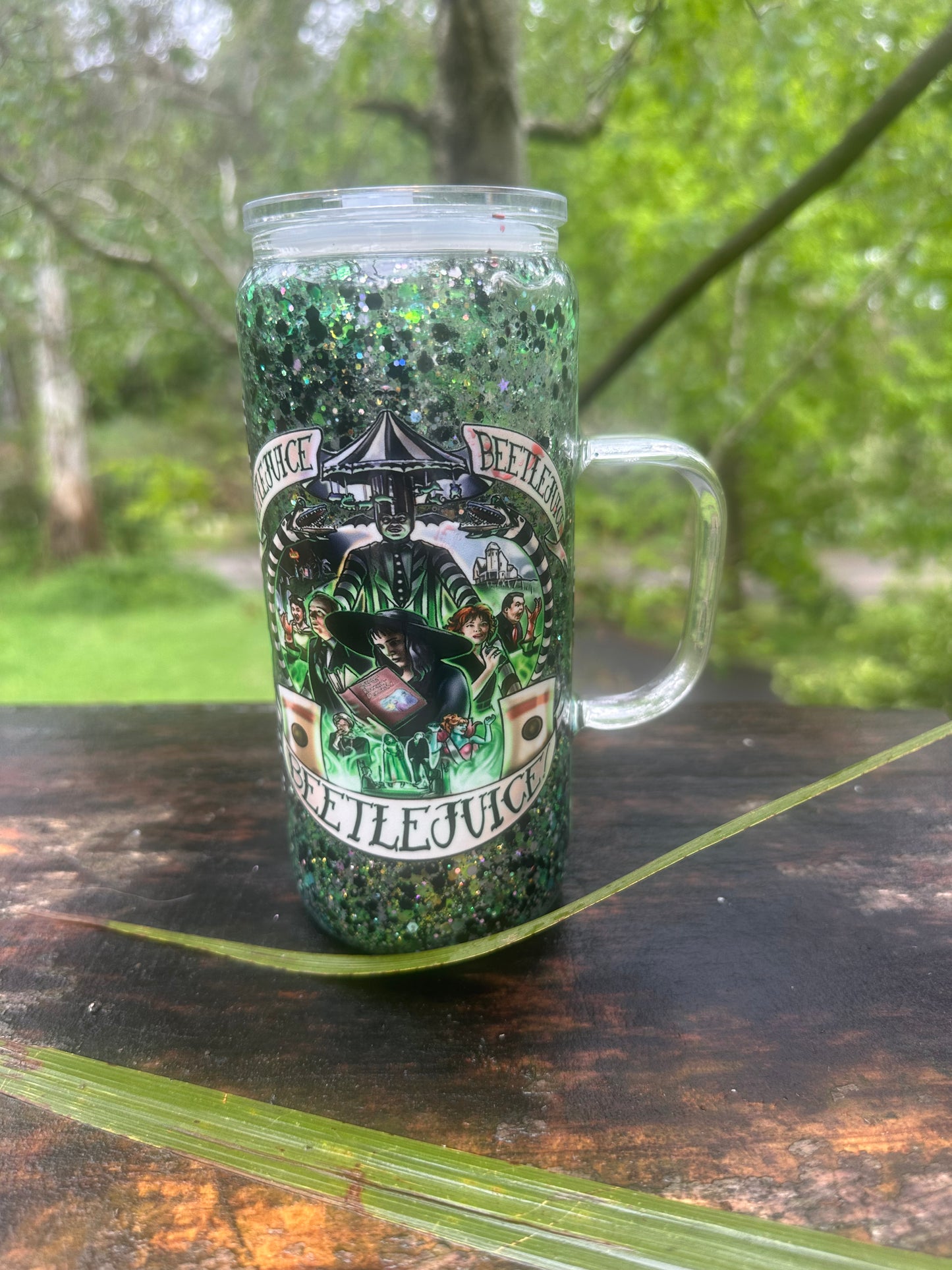 Beetlejuice 16oz glass handle snow globe