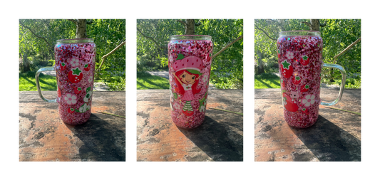 Strawberry girl 16oz glass handled snowglobe tumbler