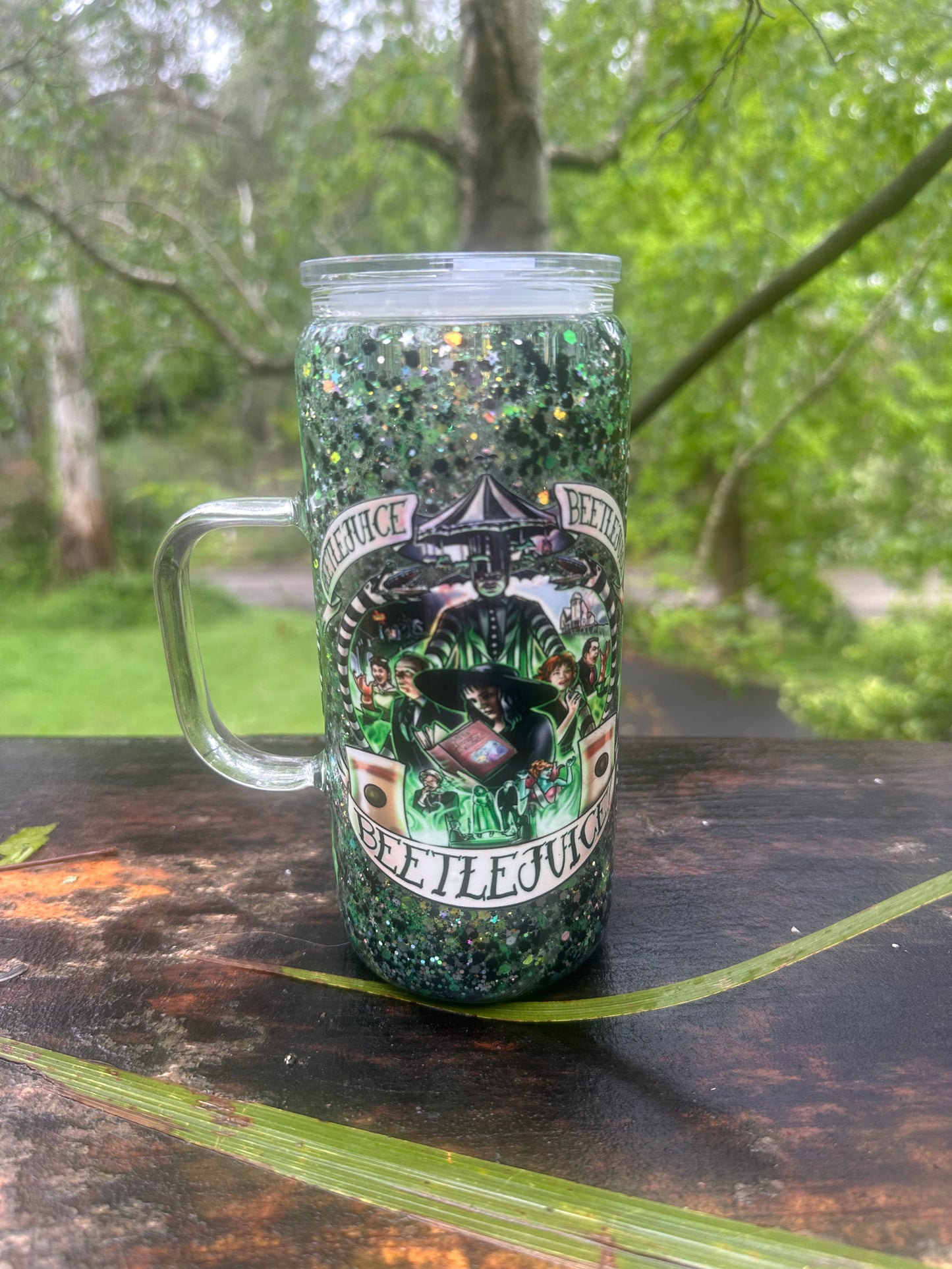 Beetlejuice 16oz glass handle snow globe